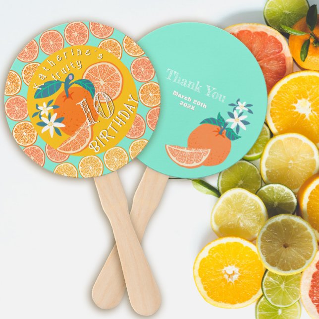 Abanico Cumpleaños 10 Naranja Afrutado Verde Teal (Orange Fruity Birthday Hand Fan.)