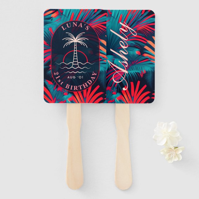 Abanico Cumpleaños Beach fiesta Palm Tree hojas sunset (Anverso y reverso)