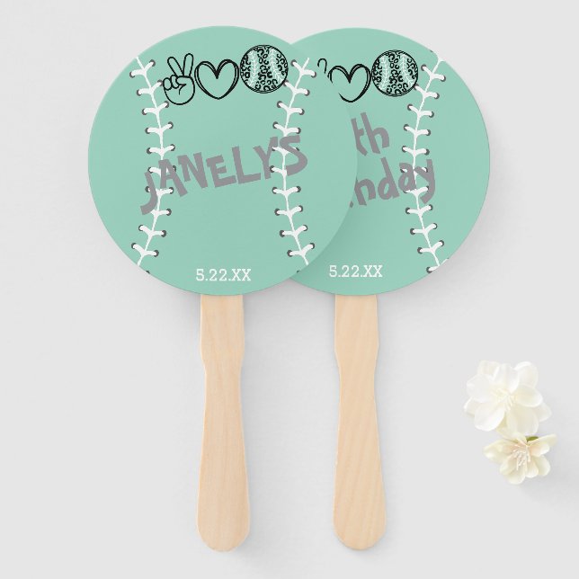 Abanico Cumpleaños de Peace Love Softball (Anverso y reverso)