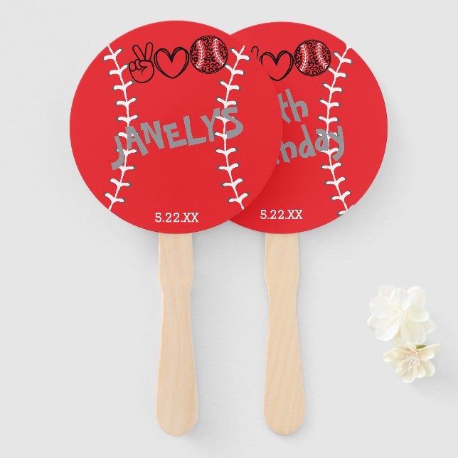 Abanico Cumpleaños de Peace Love Softball (Anverso y reverso)