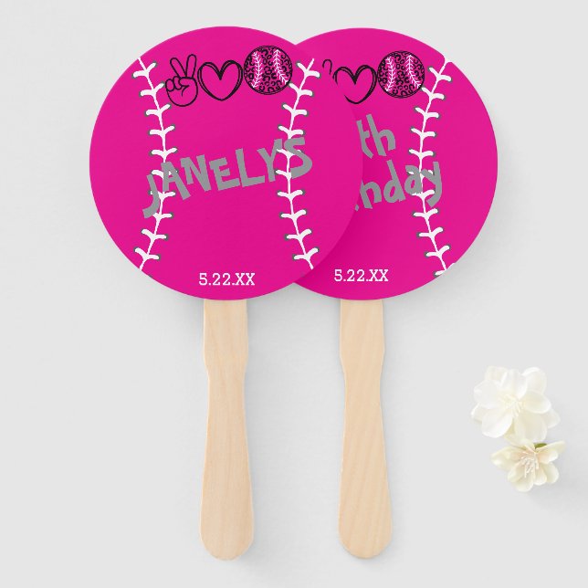 Abanico Cumpleaños de Peace Love Softball (Anverso y reverso)