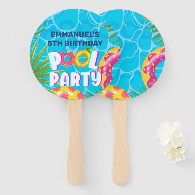 Abanico Cumpleaños Fiesta Tropical en la Piscina (Anverso y reverso)