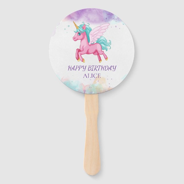 Abanico Cumpleaños Mágico Arcoíris Unicornio Rosa  (Anverso)