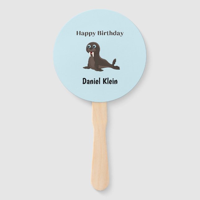 Abanico Custom birthday cute gray seal blue (Anverso)