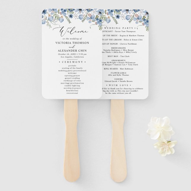 Abanico Cute Blue Watercolor Wedding Program Hand Fan (Anverso y reverso)