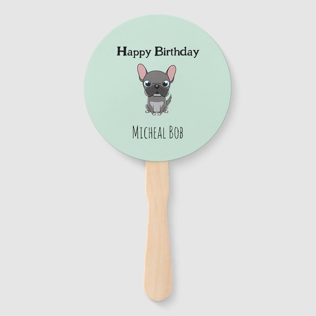 Abanico Cute gray happy birthday custom name pug dog blue (Anverso)