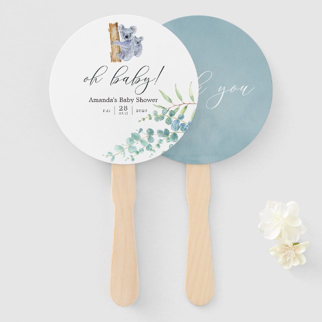 Abanico Cute Koala Bear Eucalyptus deja Baby Shower (Anverso y reverso)