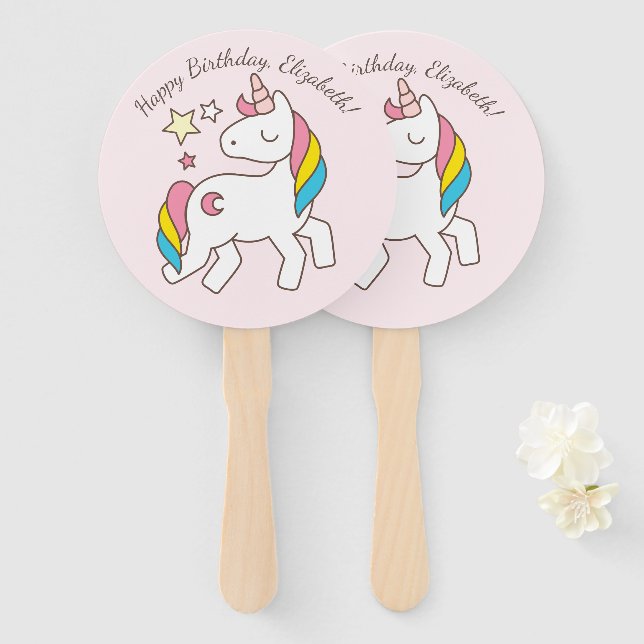 Abanico Cute unicornio con estrellas banales cumpleaños (Anverso y reverso)