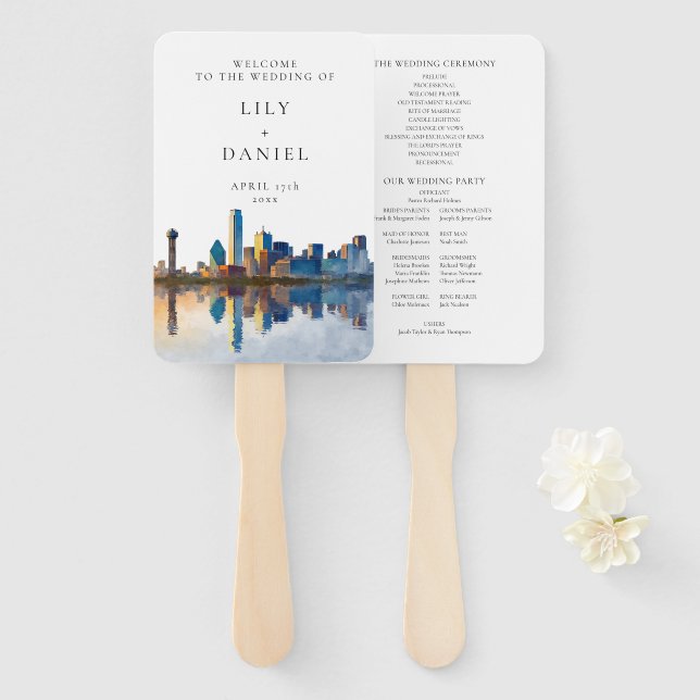 Abanico Dallas Skyline Watercolor Wedding Program (Anverso y reverso)