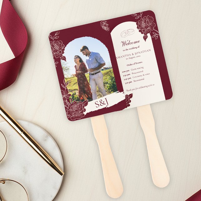 Abanico de Ceremonia de Boda con Arco Floral de Bo (Deep Burgundy Floral Line Art with Ivory Arch with Photo Wedding Fan Program Details)