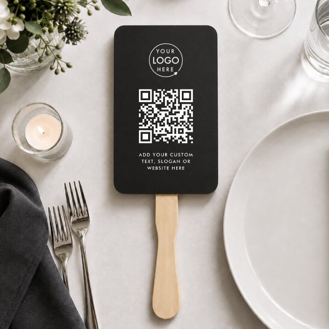 Abanico de Mano | Código QR Personalizado Logotipo (Modern event hand fan with scannable QR design for events tables, warm venues & promo merchansie)