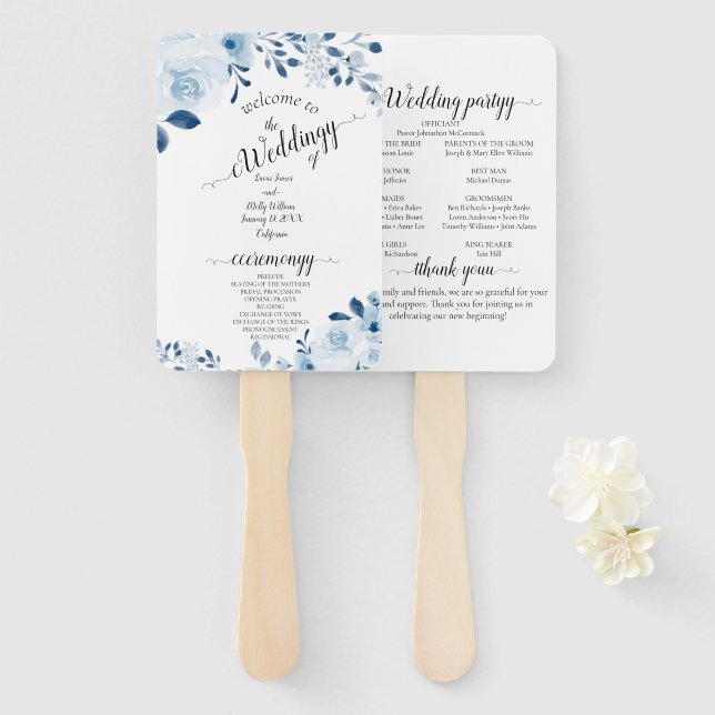 Abanico de mano de boda floral francés azul modern (Anverso y reverso)
