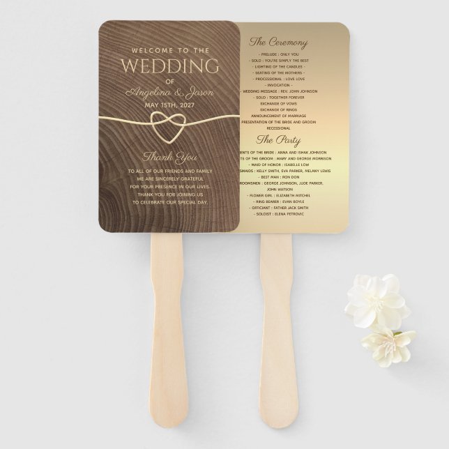Abanico de mano de madera para programa de boda (Anverso y reverso)