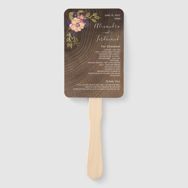 Abanico de mano de madera rústica para boda con fl (Anverso)