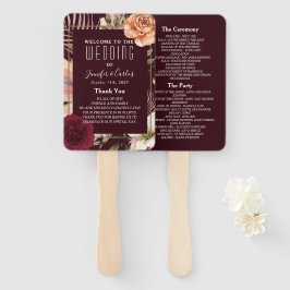 Abanico de mano de programa de boda borgoña floral