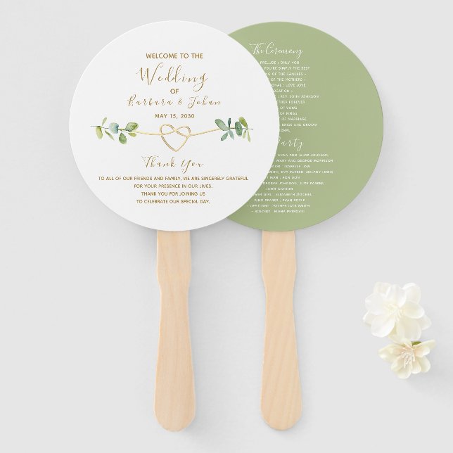 Abanico de mano de programa de boda con follaje de (Anverso y reverso)