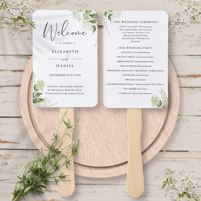 Abanico de mano de programa de boda con follaje de (Simple Greenery Foliage Wedding Program Hand Fan)