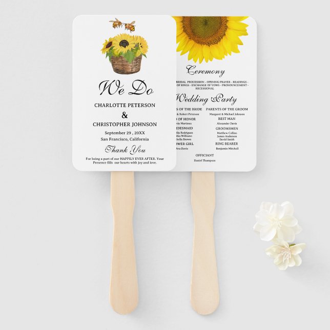 Abanico de mano de programa de boda con girasol rú (Anverso y reverso)