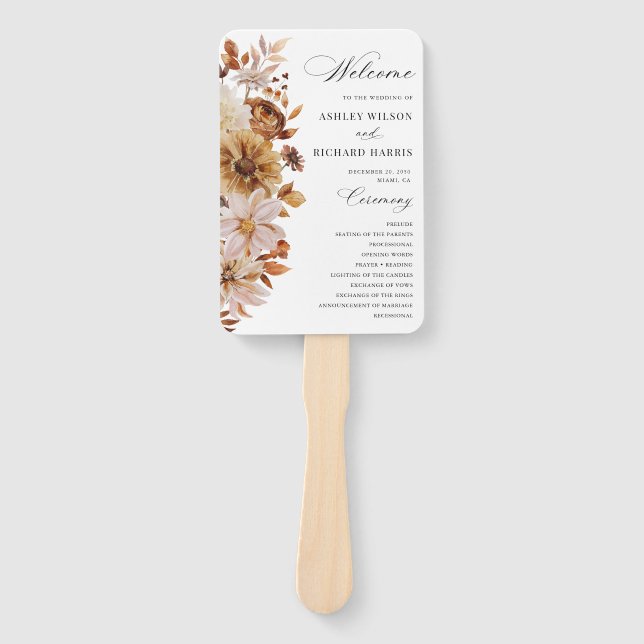 Abanico de mano de programa de boda de hojas de ot (Anverso)