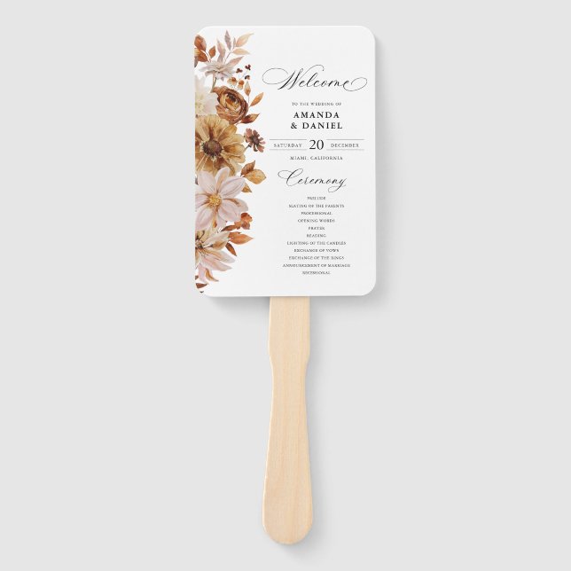 Abanico de mano de programa de boda de hojas de ot (Anverso)