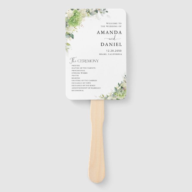 Abanico de mano de programa de boda de Hortensias  (Anverso)