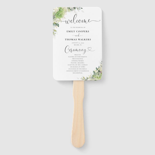 Abanico de mano de programa de boda de Hortensias  (Anverso)