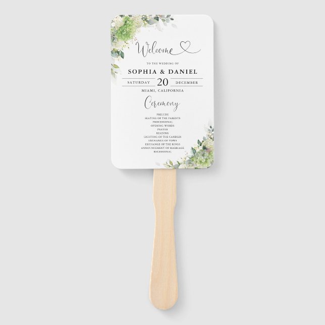 Abanico de mano de programa de boda de Hortensias  (Anverso)