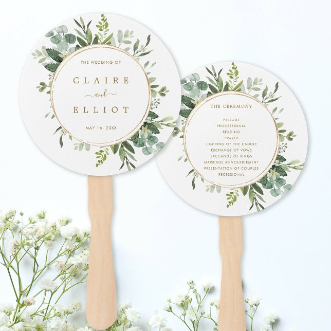 Abanico de mano de programa de boda de verde dorad (Front & Back)