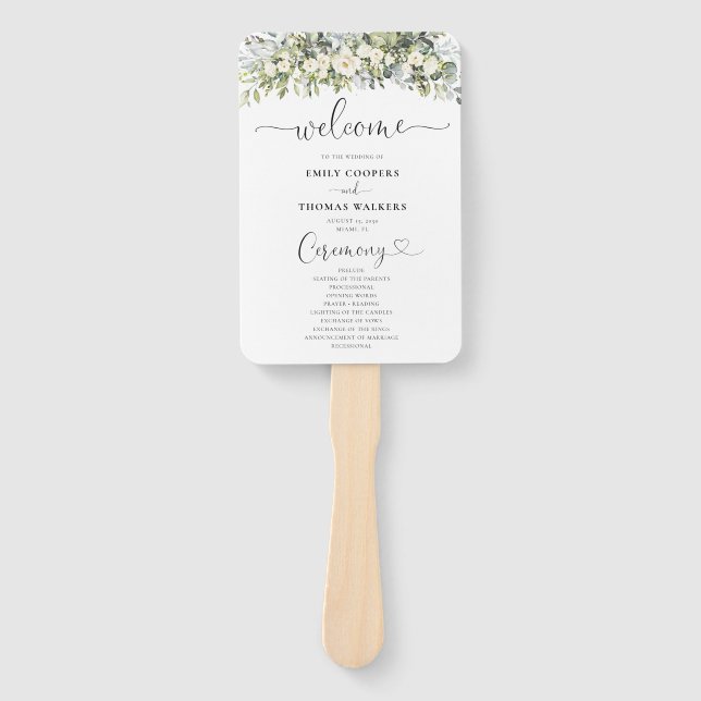 Abanico de mano de programa de boda floral blanco (Anverso)