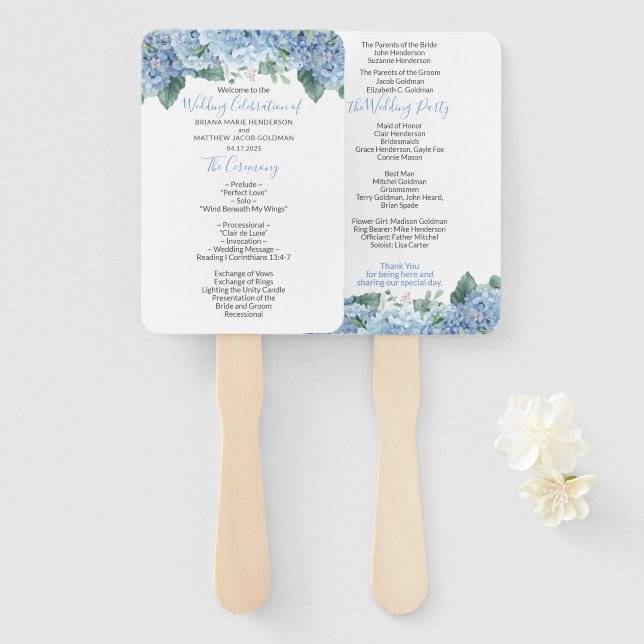 Abanico de mano de programa de boda floral de Hort (Anverso y reverso)