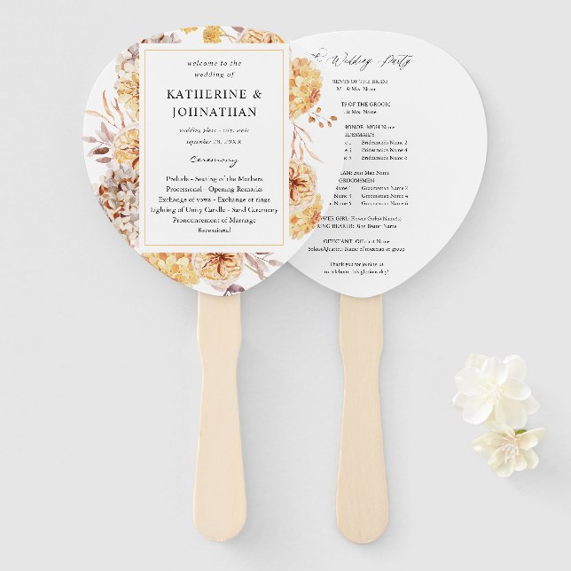 Abanico de mano de programa de boda floral dorado  (Anverso y reverso)