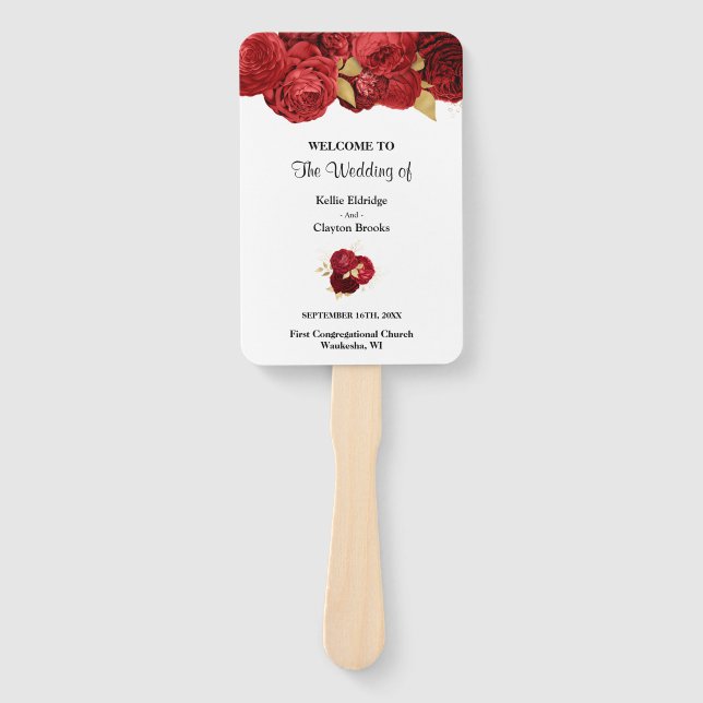Abanico de mano de programa de boda floral rojo y  (Anverso)