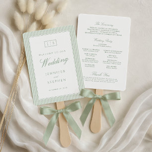 Abanico de mano de programa de boda rayado verde s