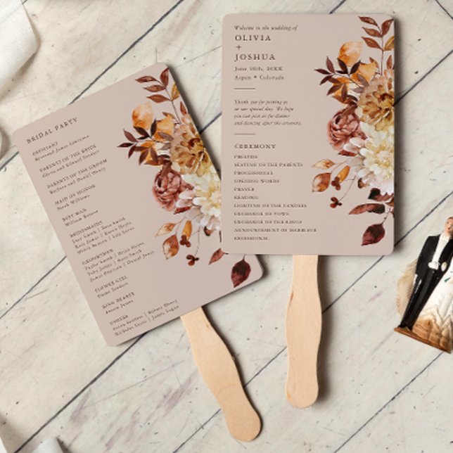 Abanico de mano de programa de hojas de otoño taup (Taupe Autumn Leaves Floral Program Hand Fan by Painted Paperie
)