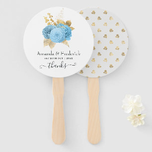 Abanico de mano floral azul acuático y dorado para