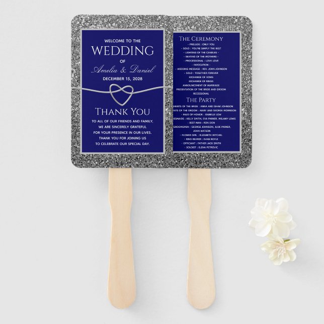 Abanico de Mano para Boda Azul Real (Anverso y reverso)