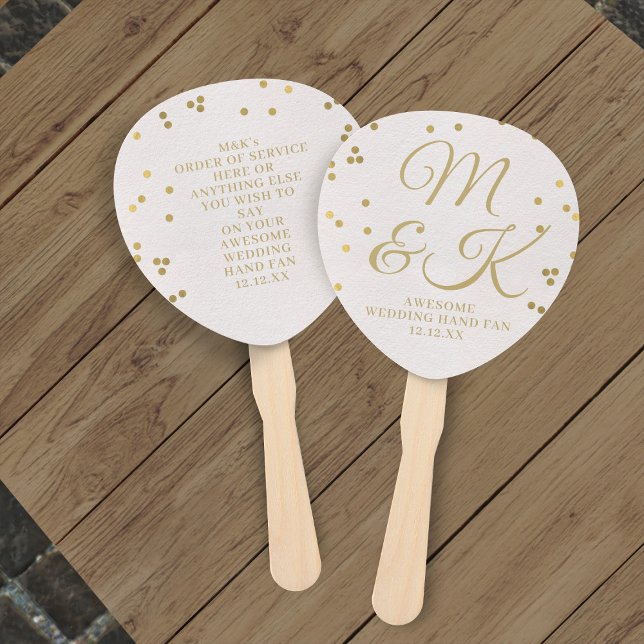 Abanico de mano para boda con confeti en dorado ro (Awesome wedding hand fan with space for your wedding details)