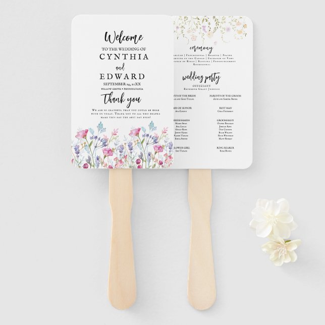 Abanico de mano para boda de flores silvestres de  (Anverso y reverso)