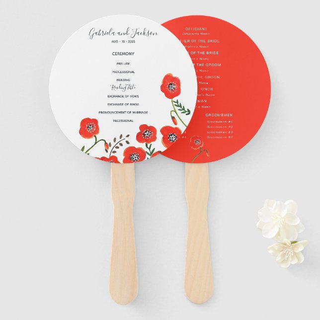 Abanico de mano para boda de primavera con amapola (Anverso y reverso)