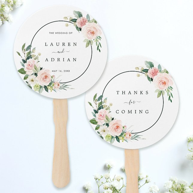 Abanico de mano para boda Flor de Bloom Rosa Rubor (Front & Back)