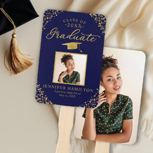 Abanico de mano para graduación con confeti azul d