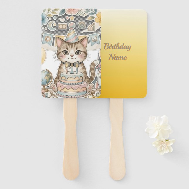 Abanico de mano para primer cumpleaños de gato en  (Anverso y reverso)