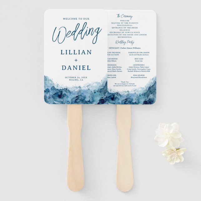Abanico de mano para programa de boda acuarela de  (Anverso y reverso)