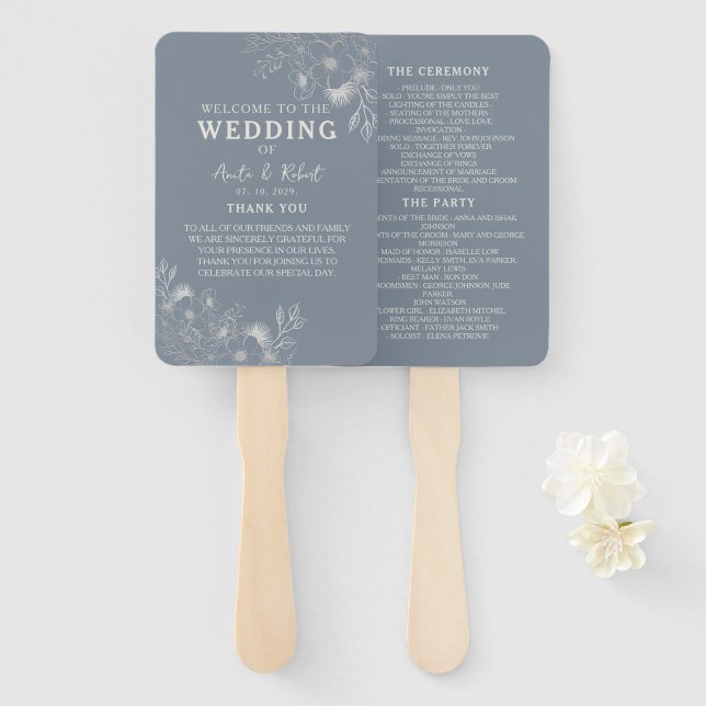 Abanico de mano para programa de boda azul polvori (Anverso y reverso)