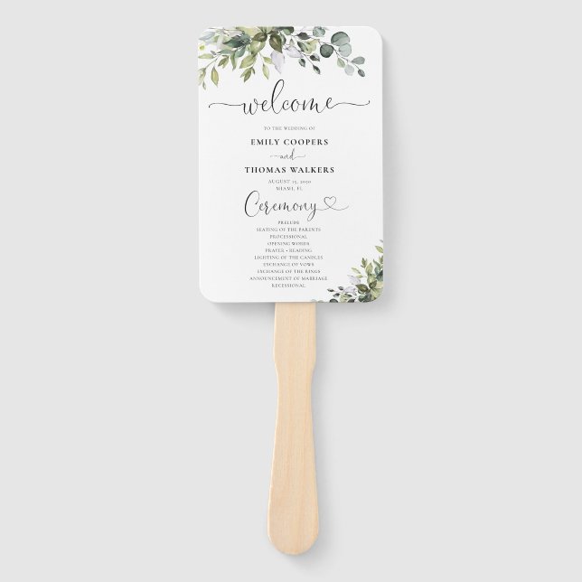 Abanico de mano para programa de boda con eucalipt (Anverso)