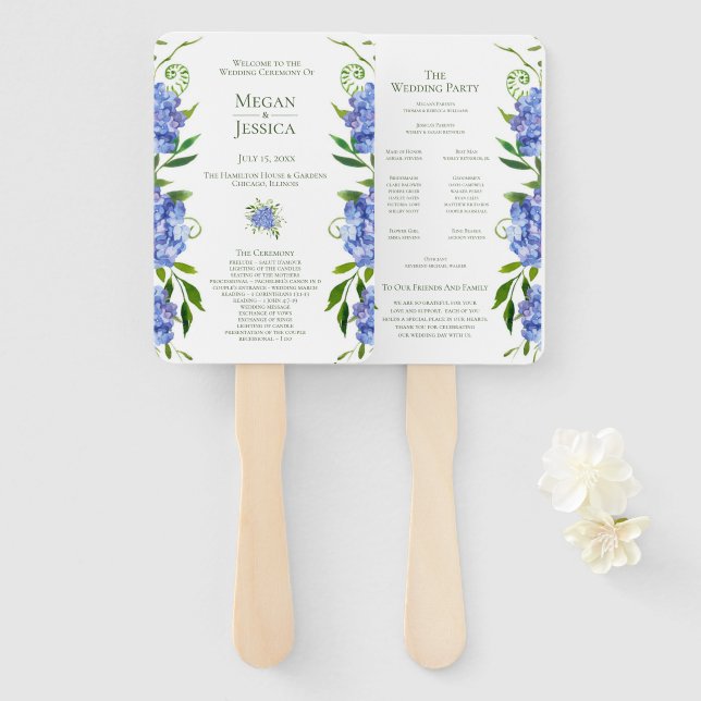 Abanico de mano para programa de boda con Hortensi (Anverso y reverso)
