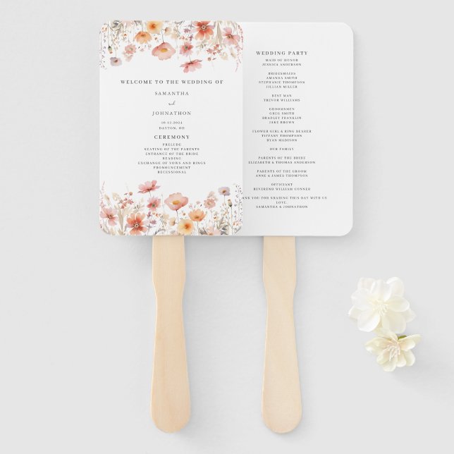 Abanico de mano para programa de boda de flores si (Anverso y reverso)