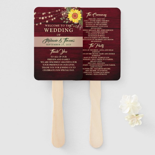 Abanico de mano para programa de boda de girasol (Anverso y reverso)