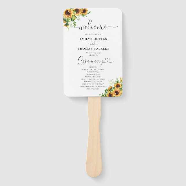 Abanico de mano para programa de boda de girasol (Anverso)