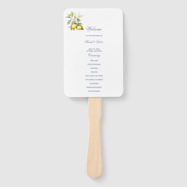 Abanico de mano para programa de boda de limón (Anverso)